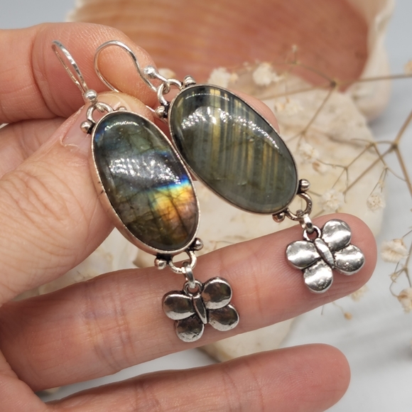 Genuine Large Labradorite Crystals Genuine Stones Silver Earrings Butter… - Picture 8 of 10